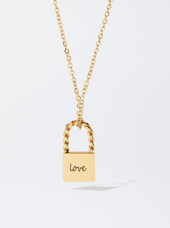 Personalisable Golden Steel Lock Necklace, Golden, hi-res