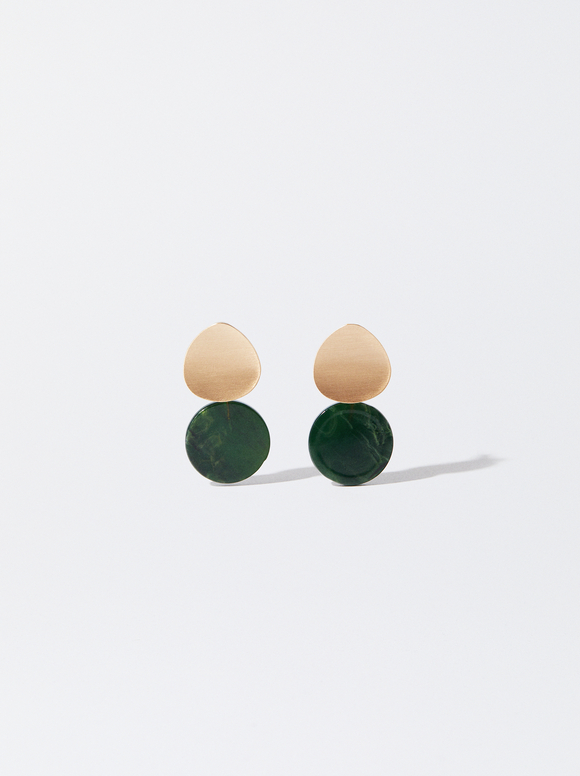 Golden Earrings With Resin, Green, hi-res