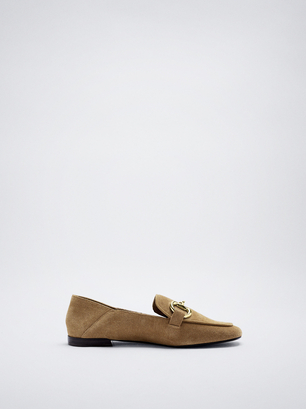 Leather Loafers With Buckle, Beige, hi-res