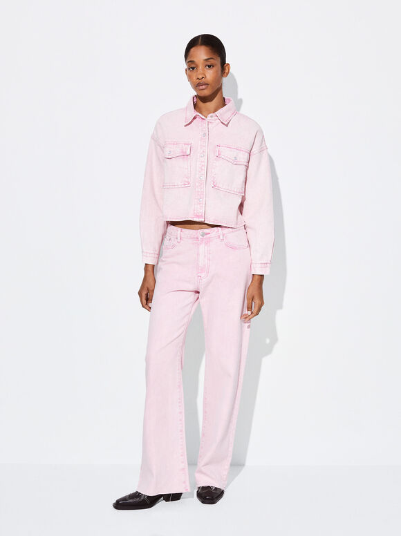 Straight Jeans With High Waist, Pink, hi-res