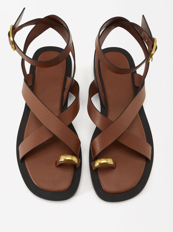 Criss-Cross Flat Sandals With Metallic Detail, Camel, hi-res