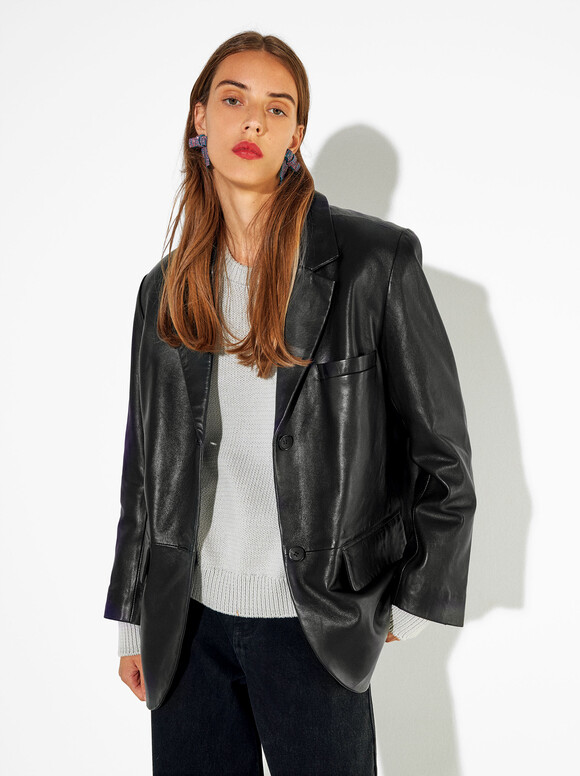 Blazer En Cuir, Noir, hi-res