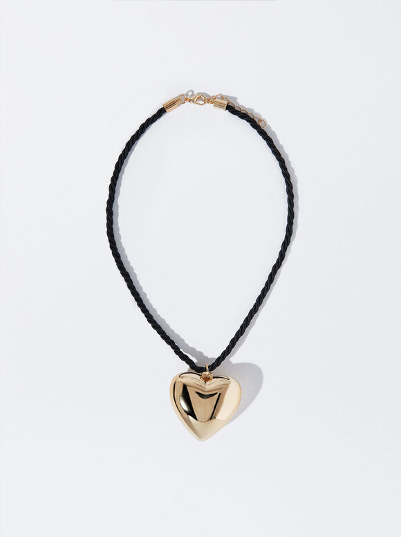 Cord Necklace With Heart, Black, hi-res