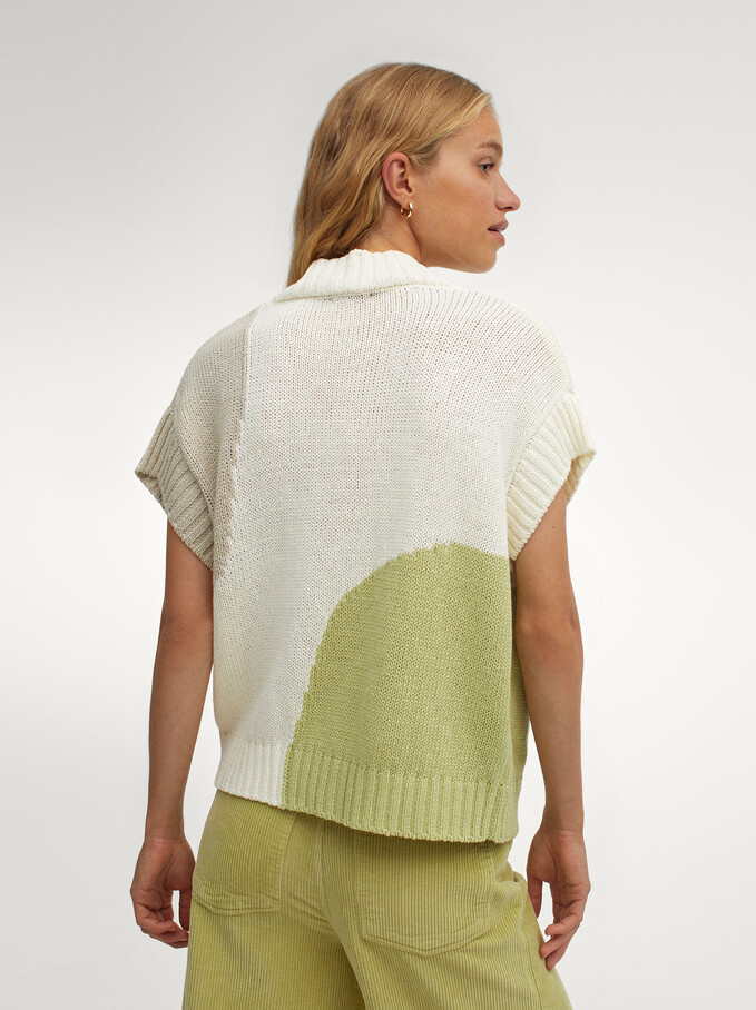 100% Cotton Knitted Printed Vest, Ecru, hi-res