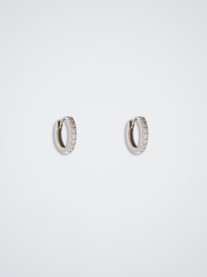 925 Sterling Silver Short Hoops With Zirconia, Silver, hi-res