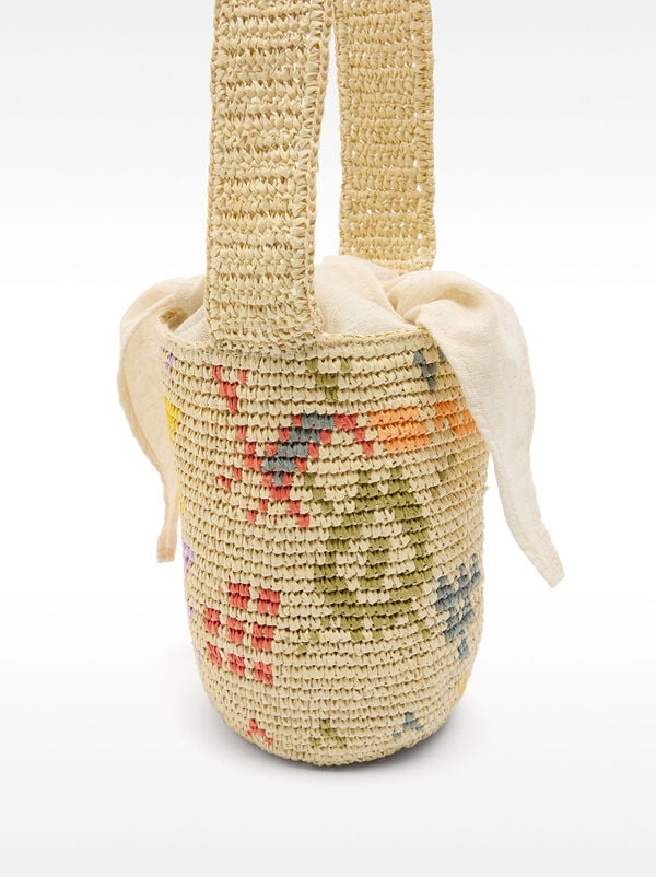 Bucket Bag mit Druck und Stroheffekt