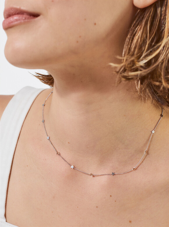 Silver Stainless Steel Necklace With Stars, Silver, hi-res