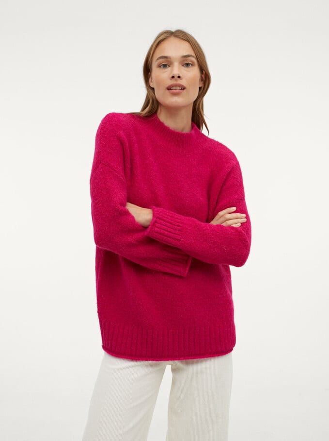 Knitted Perkins Neck Sweater, Pink, hi-res