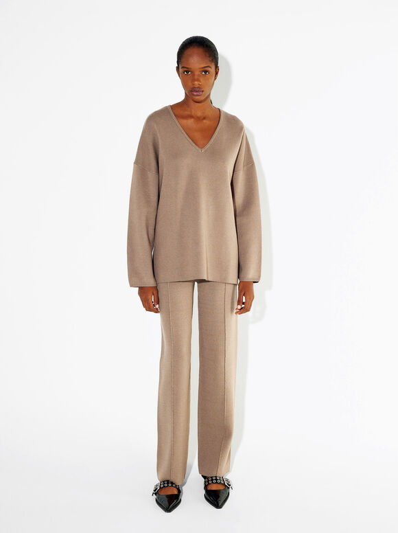 Straight Knit Trousers, Camel, hi-res
