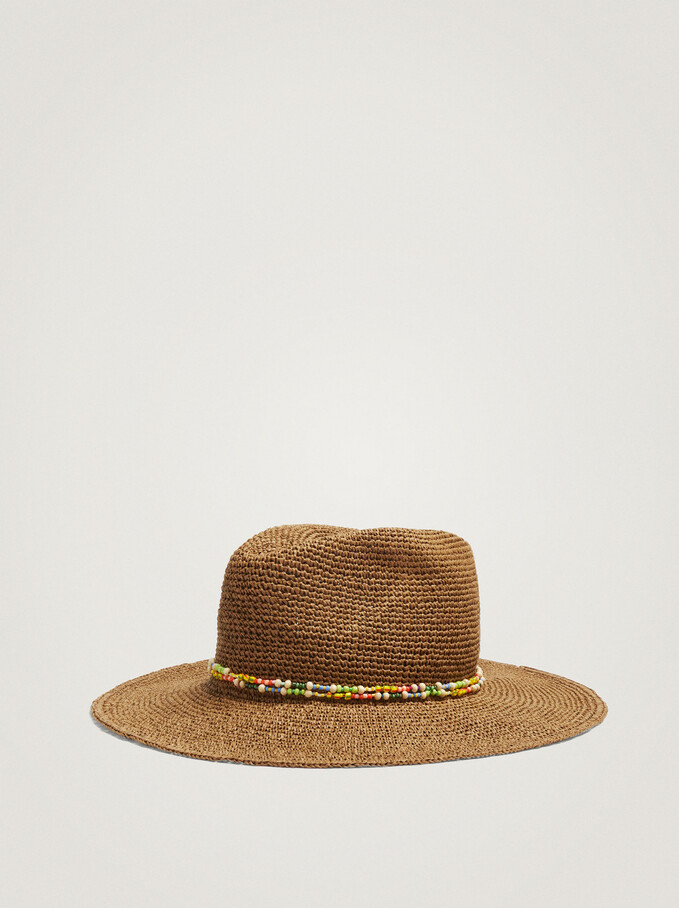 Braided Hat With Beads, Khaki, hi-res