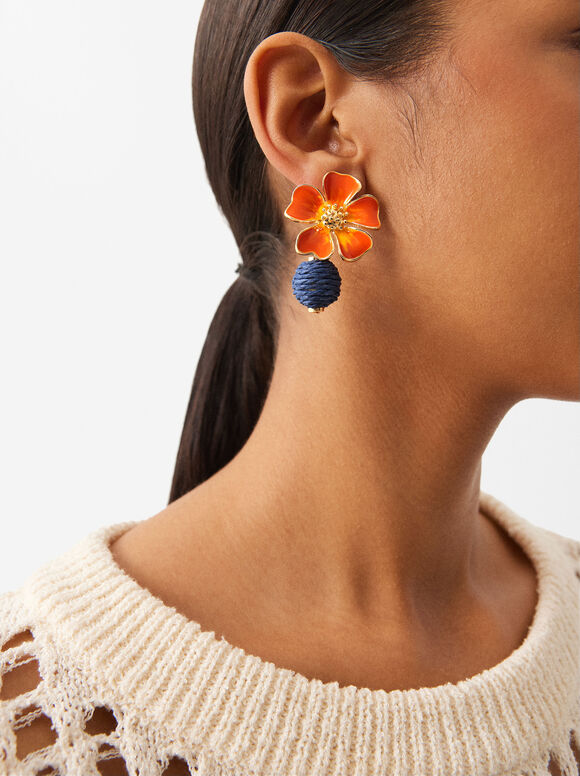 Flower Earrings With Raffia, Multicolor, hi-res