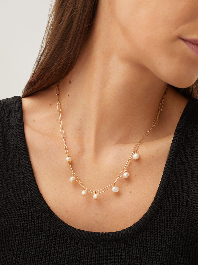 Short Chain Necklace With Pearls, Golden, hi-res