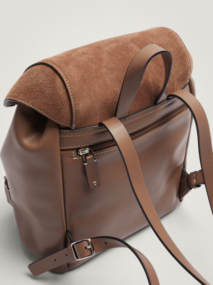 Suede Backpack With Outer Pockets, Brown, hi-res