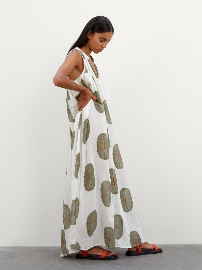 100% Cotton Long Printed Dress, Ecru, hi-res