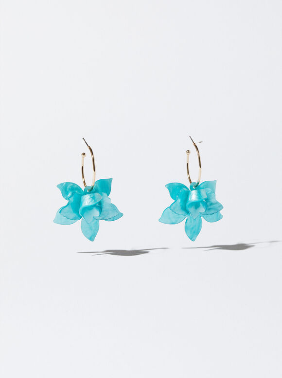 Golden Flower Hoop Earrings, Blue, hi-res