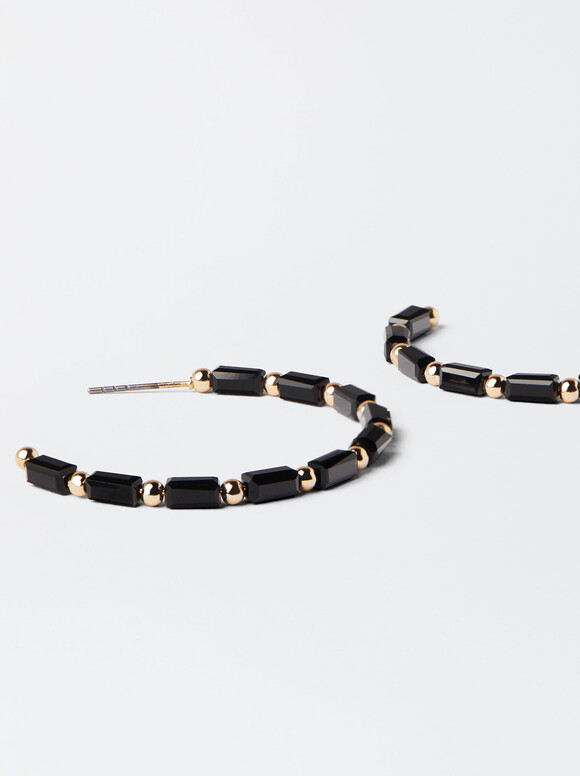 Large Hoop Earrings With Beads, Black, hi-res