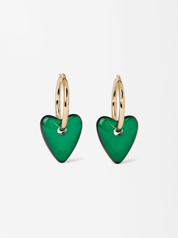 Heart Earrings, Green, hi-res