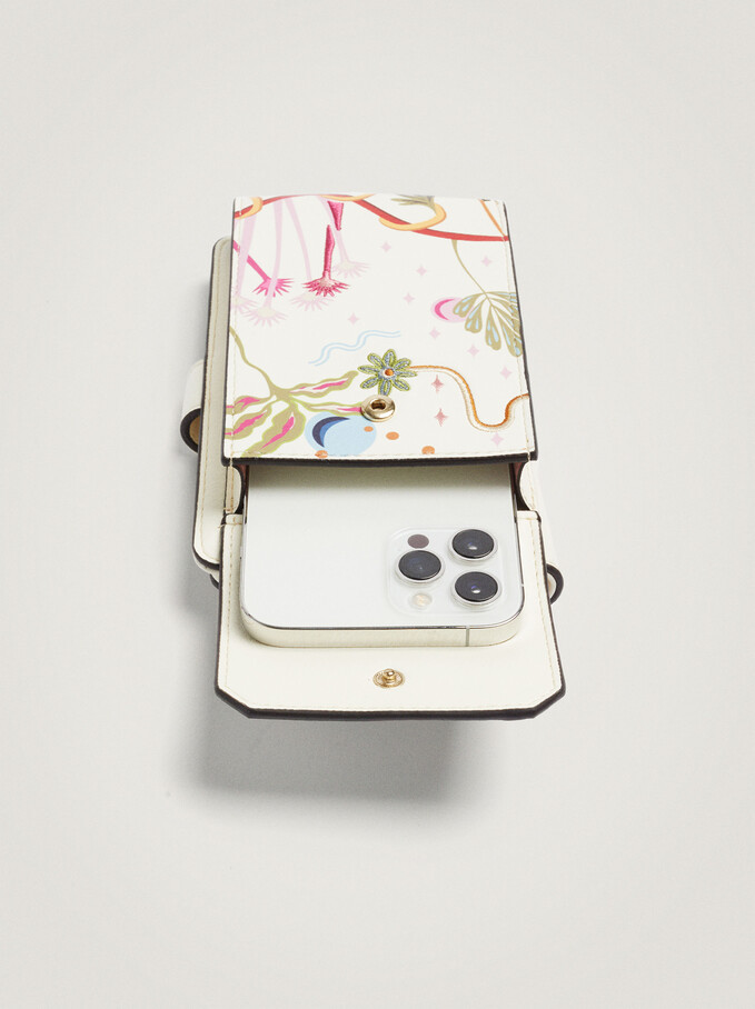 Printed Mobile Phone Bag With Shoulder Strap, Ecru, hi-res