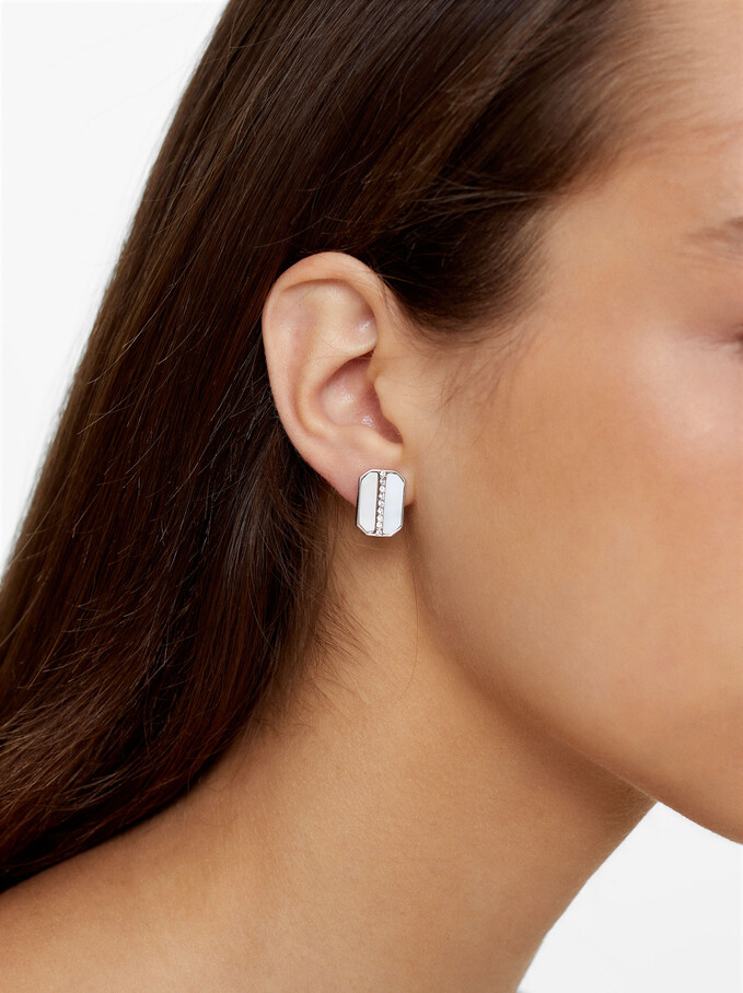 Shell And Strass Earrings, Silver, hi-res