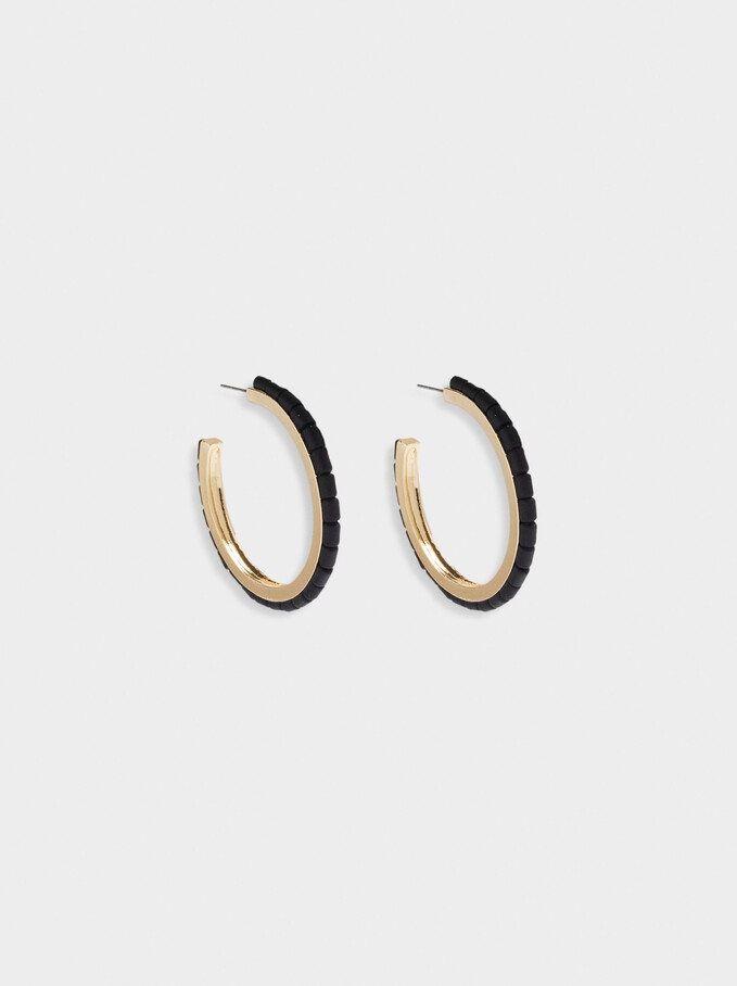 Large Hoop Earrings With Stones, Black, hi-res
