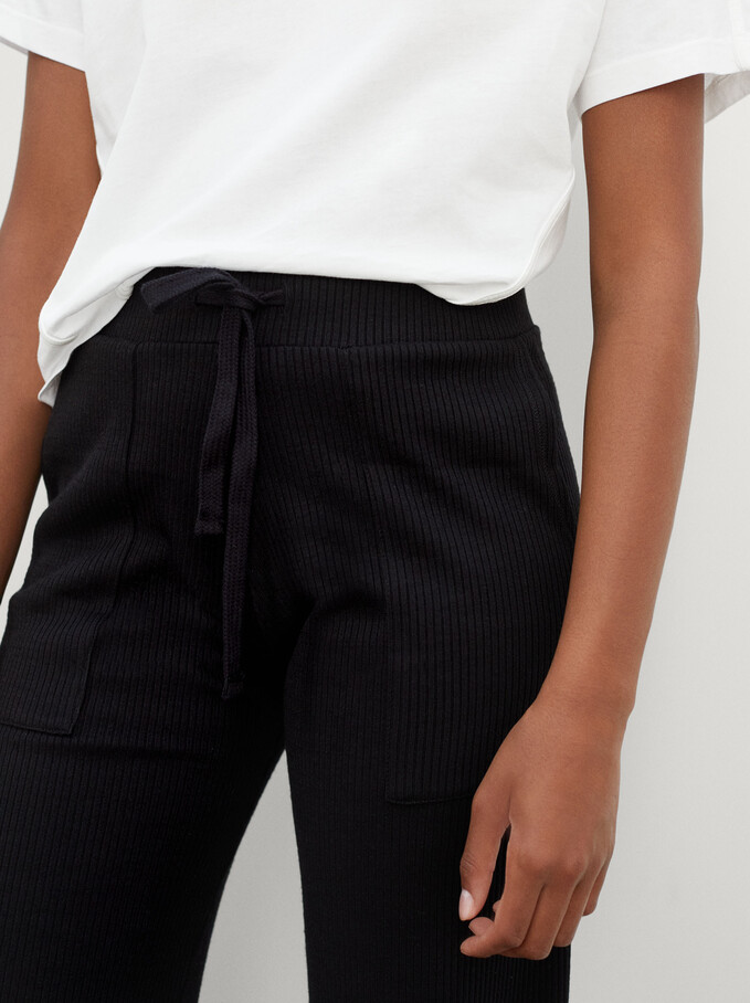 Knit Straight Trousers, Black, hi-res