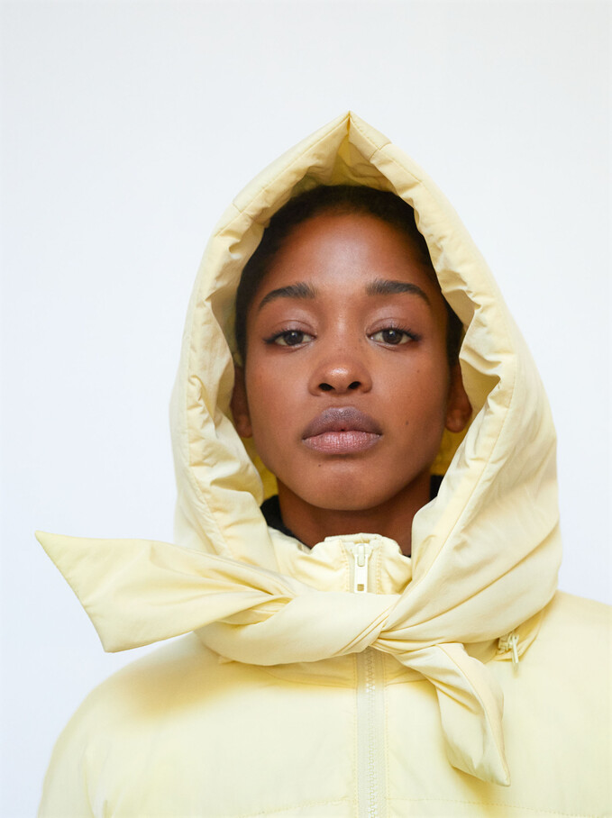 Quilted Coat With Hood, Yellow, hi-res