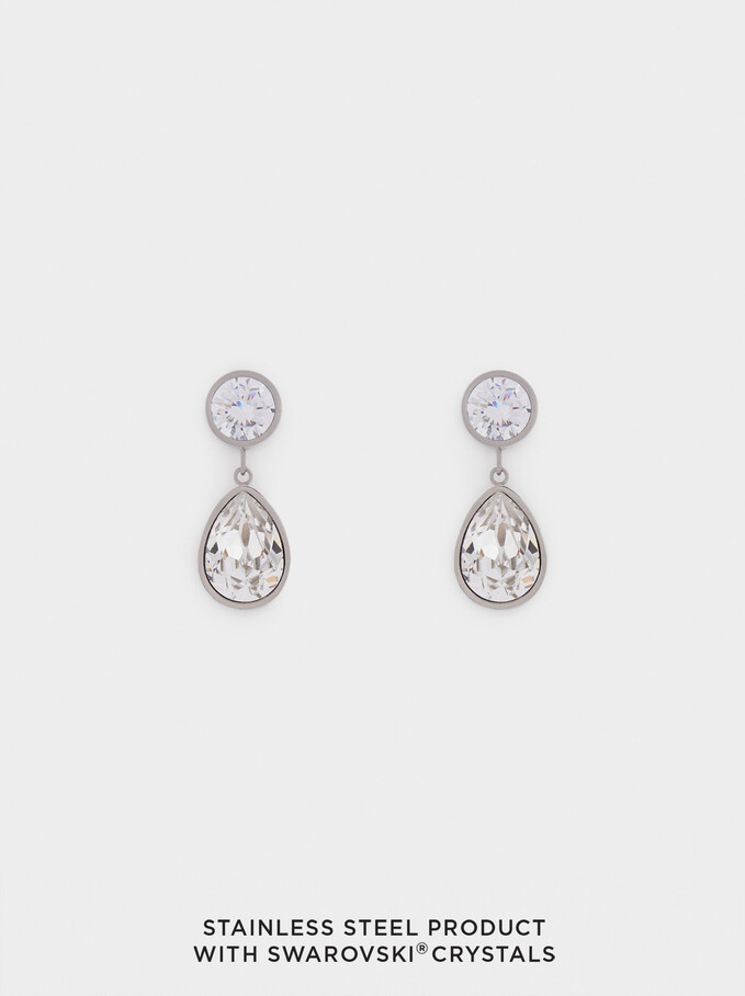 Stainless Steel Earrings With Swarovski Crystals, Silver, hi-res