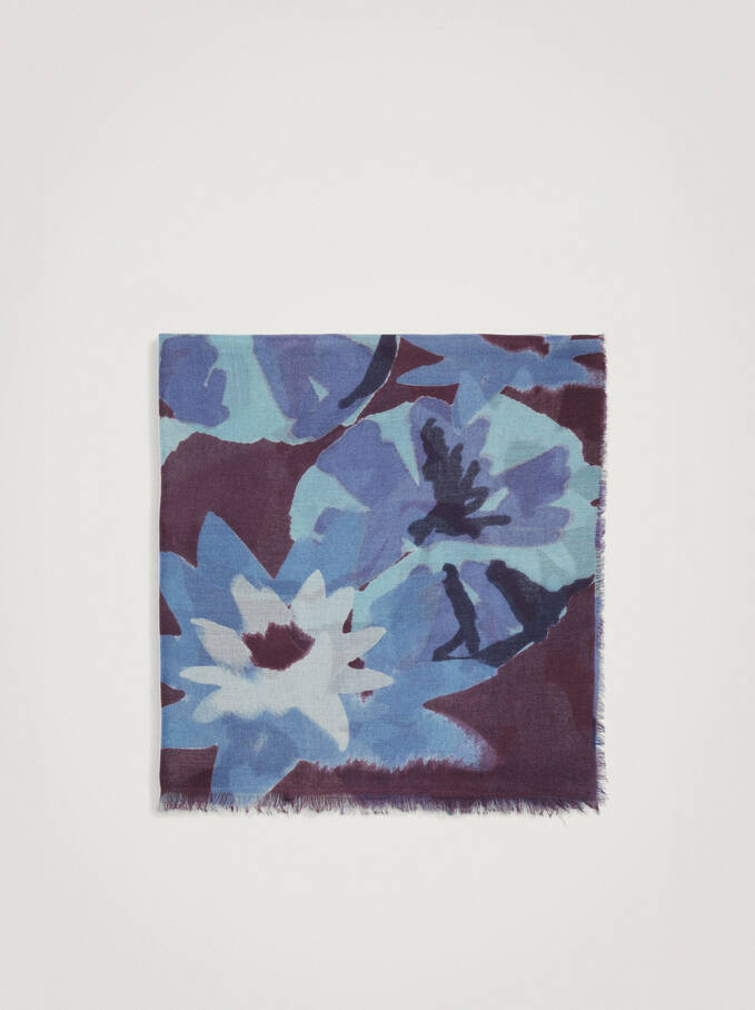 Floral Print Scarf, Blue, hi-res