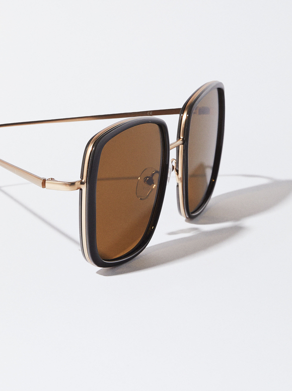 Square Metallic Sunglasses , Brown, hi-res