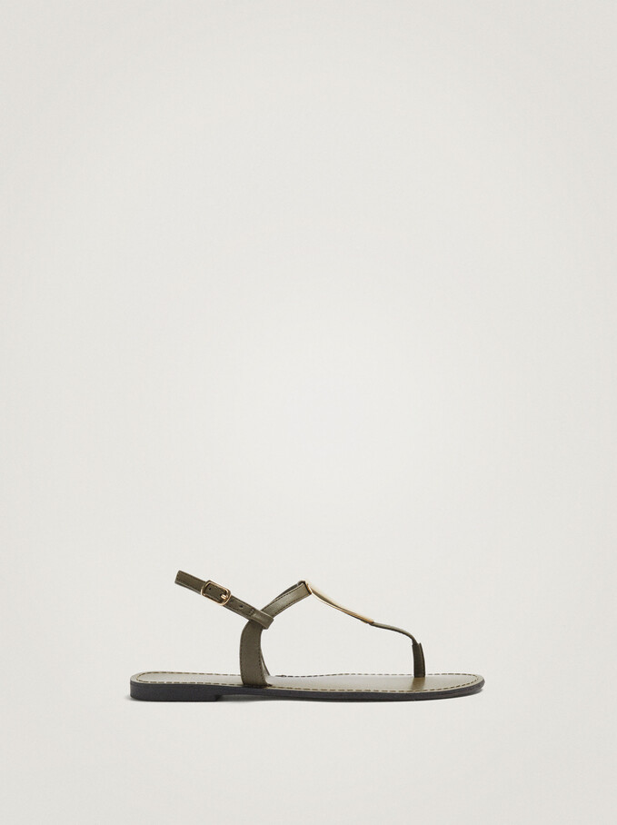 Flat Sandals With Metallic Detail, Khaki, hi-res