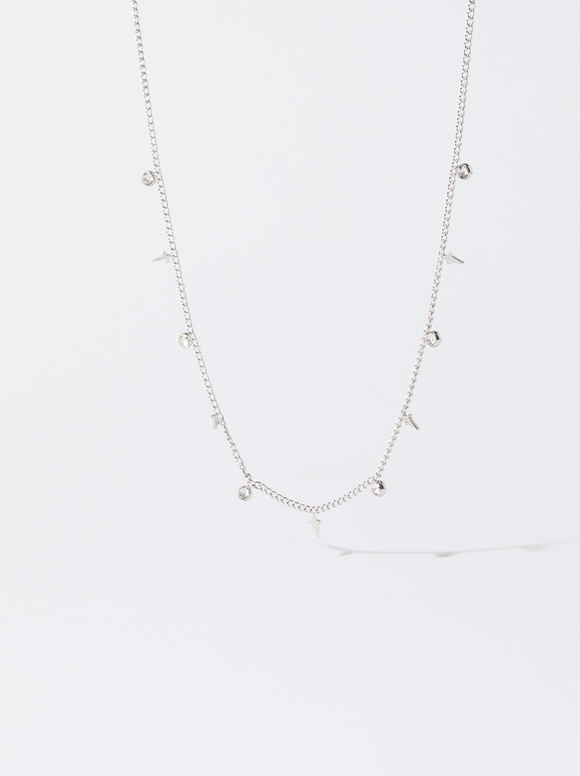 Stainless Steel Necklace With Zirconia, Silver, hi-res