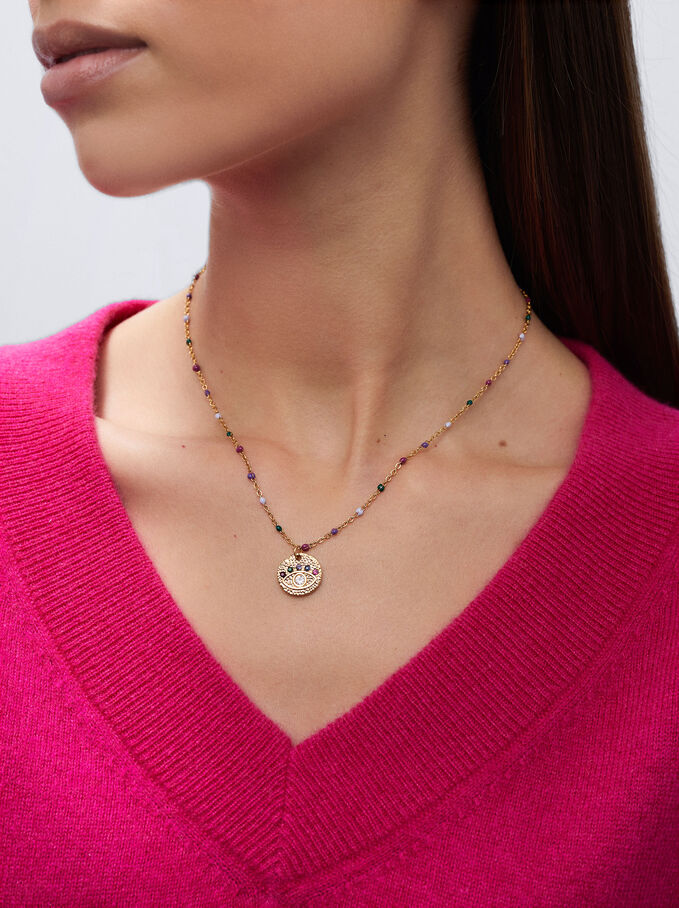 Stainless Steel Necklace With Medallion, Multicolor, hi-res