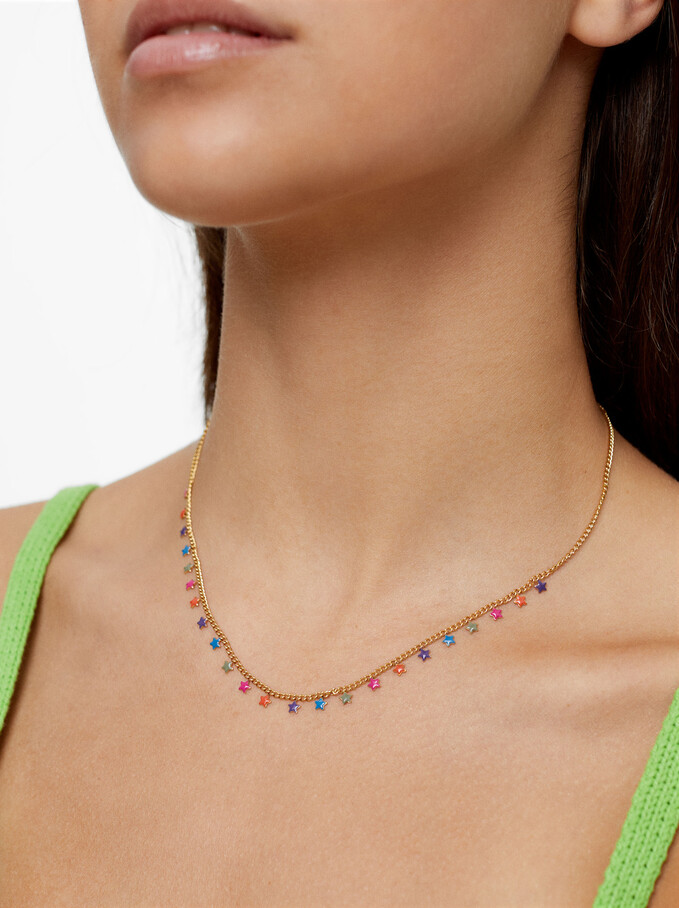 Silver Stainless Steel Necklace With Stars, Multicolor, hi-res