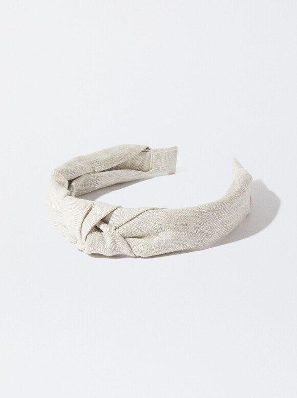 Linen Wide Headband With Knot, Beige, hi-res