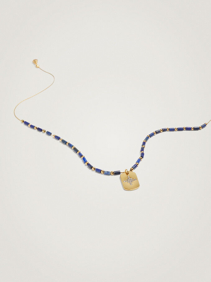 Short Steel Necklace With Stone And Charm, Navy, hi-res