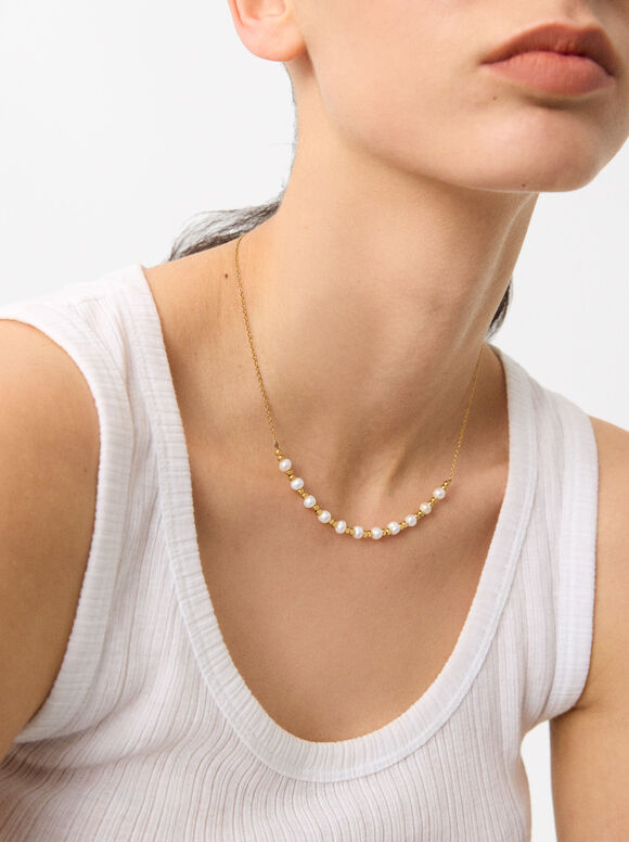 Thin Pearl Necklace - Stainless Steel, White, hi-res