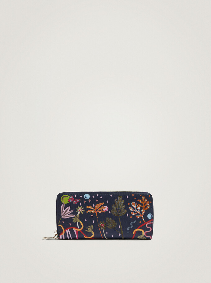 Large Printed Embroidered Purse, Navy, hi-res