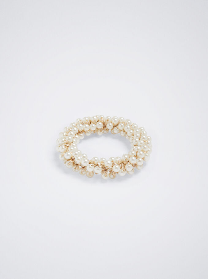 Scrunchie With Pearls, White, hi-res