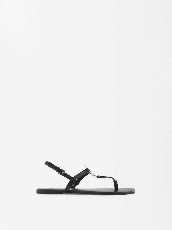 Flat Sandals With Metallic Detail, Black, hi-res