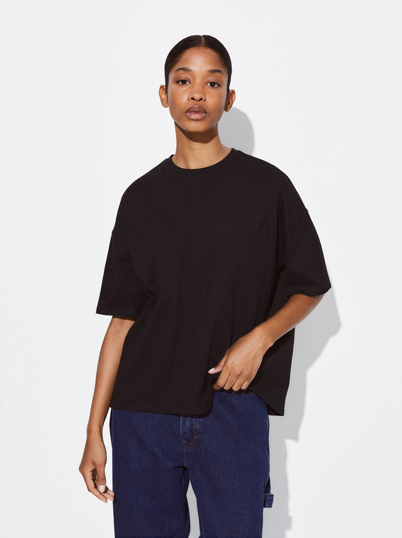 Online Exclusive - T-Shirt En Coton Avec Poche, Noir, hi-res
