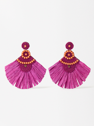 Raffia Earrings With Beads, Pink, hi-res