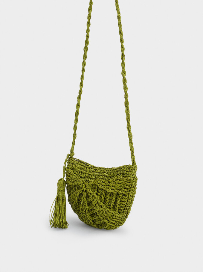 Straw Crossbody Bag With Pendant, Green, hi-res