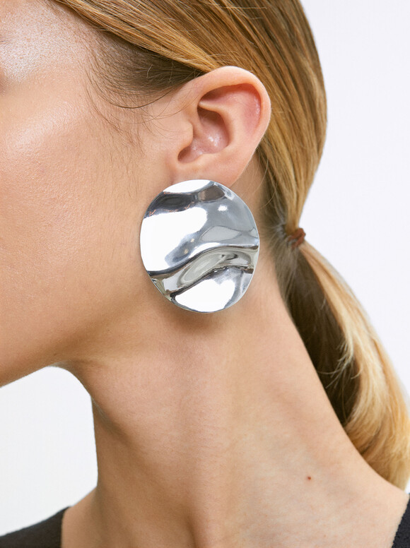 Embossed Silver Earrings, Silver, hi-res