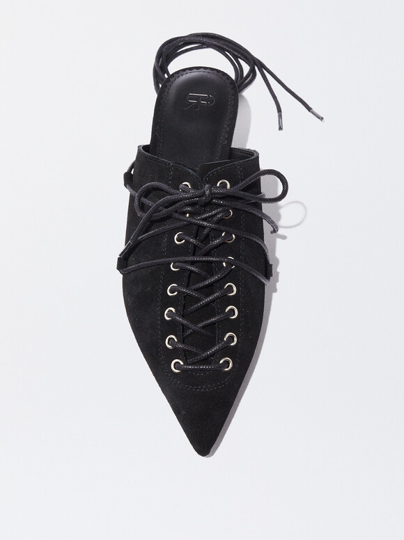 Lace-Up Leather Slingback Shoes, Black, hi-res