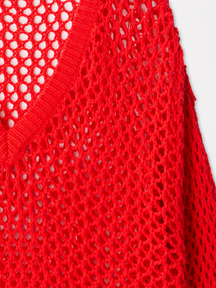 Open Knit Sweater With Cotton, Red, hi-res