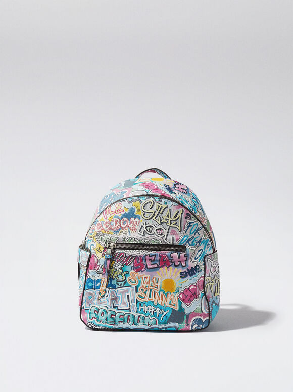 Printed Backpack With Mobile Phone Case, Blue, hi-res