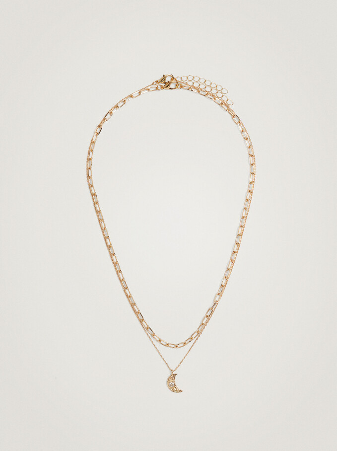 Necklace Set With Moon And Zirconia, Golden, hi-res