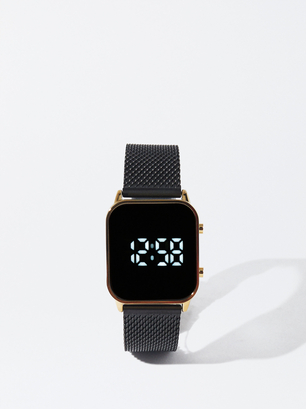 Digital Watch With Steel Wristband, Black, hi-res