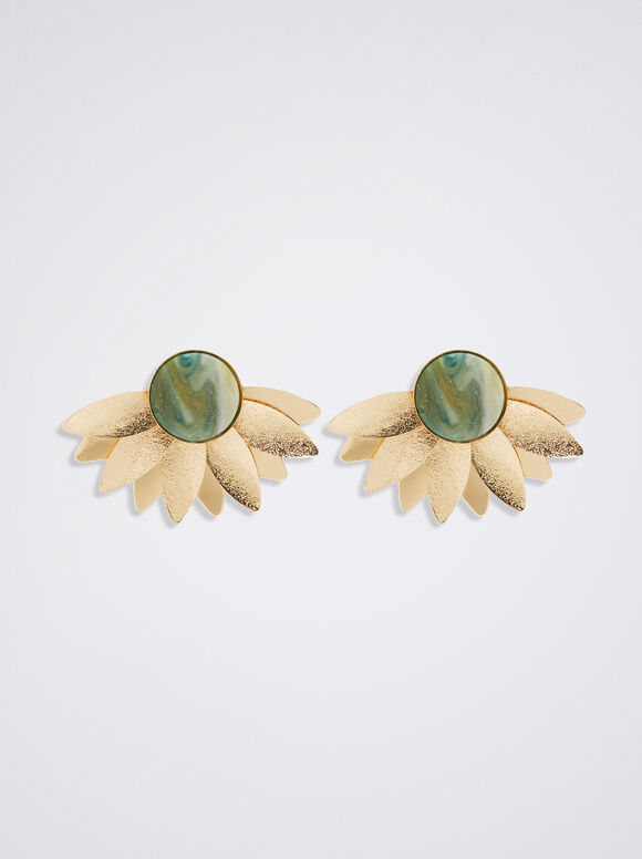 Resin Earrings With Flower, Green, hi-res