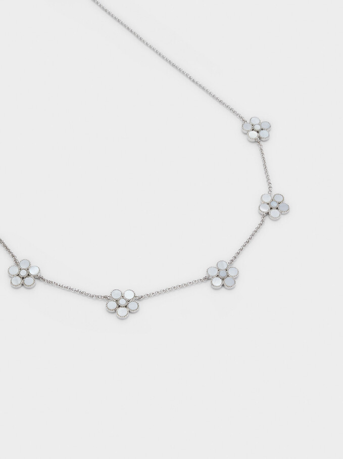 Short Necklace With Flower Motifs, Silver, hi-res
